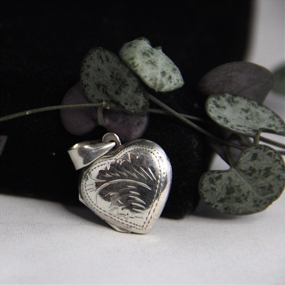 Vintage Sterling Silver Heart Locket Pendant Hand Engraved Floral 925 Charm